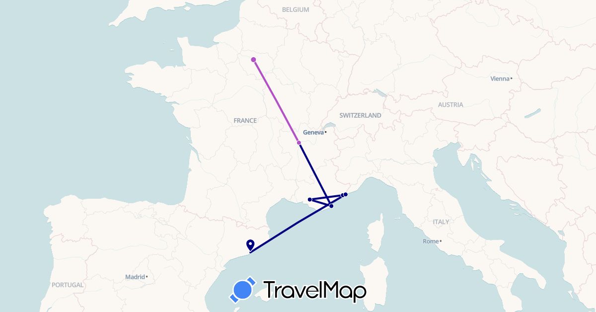 TravelMap itinerary: driving, train in Spain, France, Monaco (Europe)